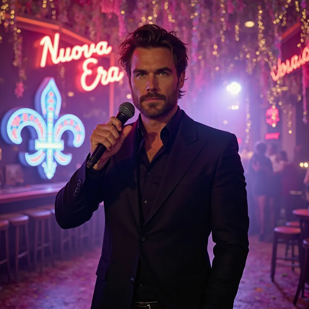  Stephen Amell 42 years old, messy hairstyle, Brown hair, thin beard, fair skin, green eyes, defined rectangular jaw, 1.80m tall, dressed in a black suit, holding a microphone, in an extremely large interior of a large nightclub with the word Nuova Era wri...