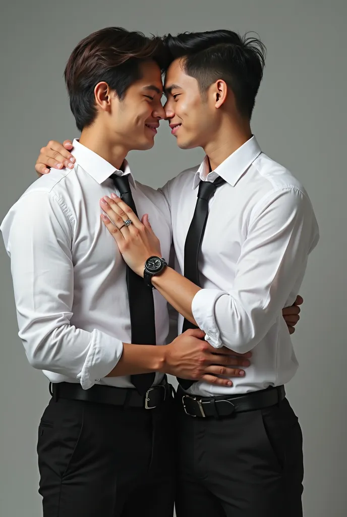 A 20-year-old Indonesian man, very handsome and dashing, wearing a white office shirt with a black tie, black office trousers, and shiny black dress shoes. His chest looks athletic. His chest is being touched by his friend, who is also handsome. at office....