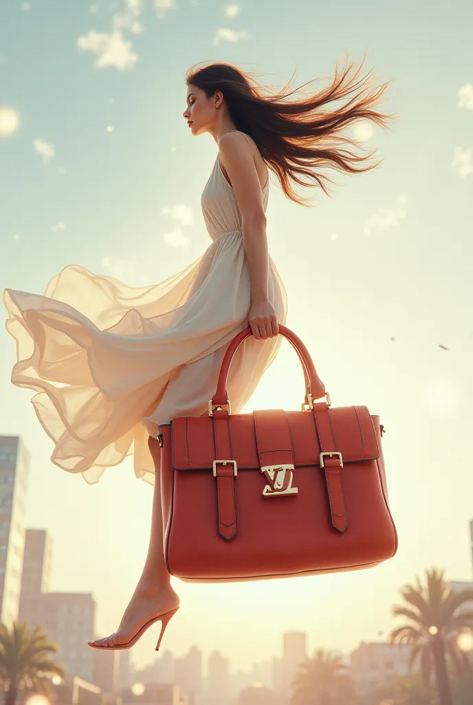 A girl is sitting and flying on a branded handbag 