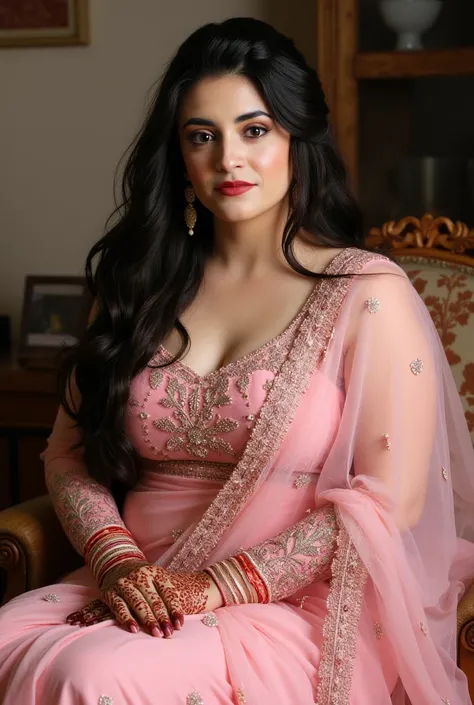 


 ((32K, top-quality:1.5, masterpiece, A high resolution, Photorealsitic)), A beautiful chubby young Pakistan's, 35 years old , bindi and light lips woman wearing pink bridal lehenga, henna (mehndi) in both hands
Sitting on a chair at home,black thick Ha...