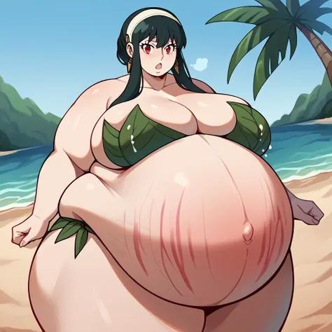 score_9, score_8_up, score_7_up, source_anime, yorbriar, yor briar, black hair, red eyes, earrings, white hairband, hairband, long hair, sidelocks,, leaf bikini, navel, midriff, cleavage, bare shoulders, collarbone,, outdoors, beach, sand, palm tree, jungl...