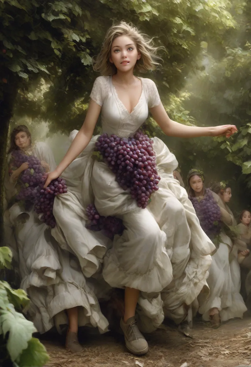 Girls are walking on grapes, happy. hyperrealistic and dramatic photo.