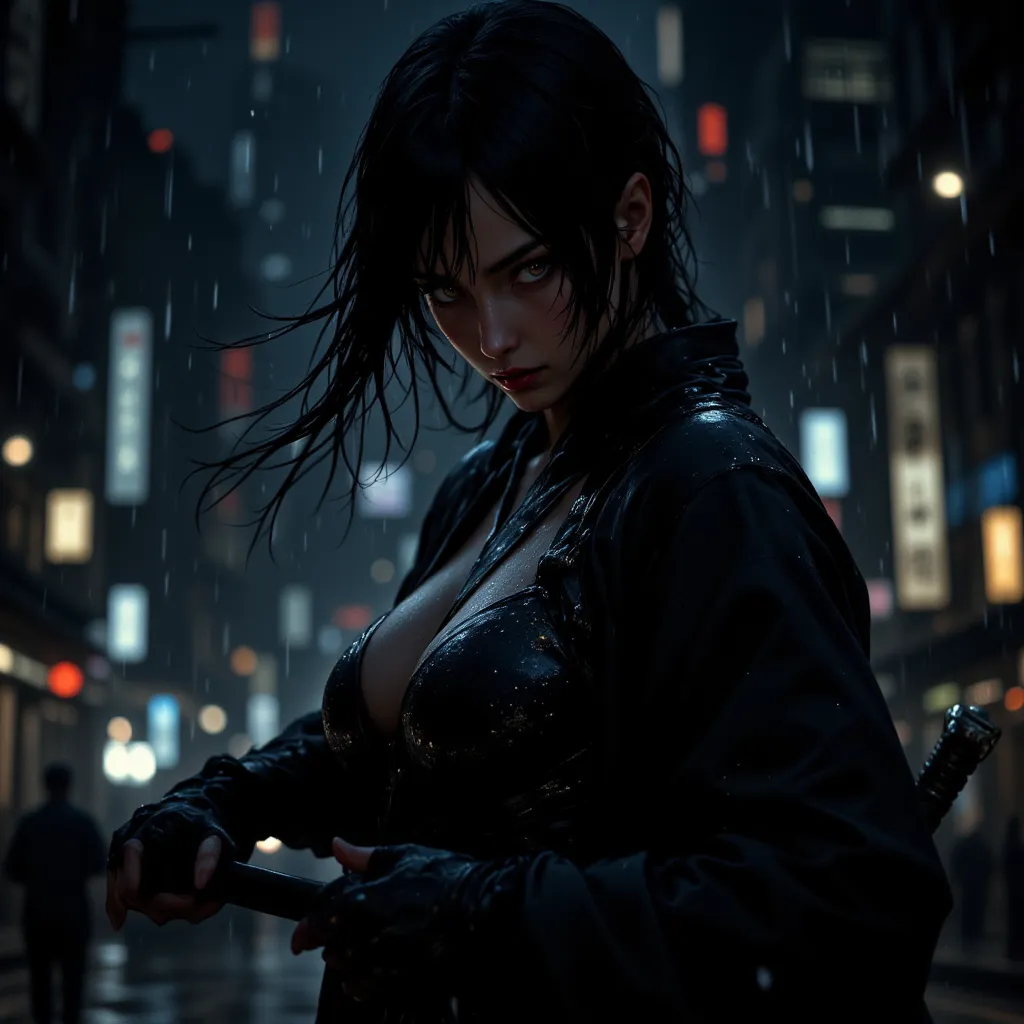 Expert Level, realistic, HDR, 8k, Photographer's style, conceptual art, masterpiece, top quality, Ninja, Kunoichi, Big Breasts, Fierce Fighting Action, Focused Expressions, Standing in the dark, City on a Rainy Night, realisticな肖像, Detailed Features, Shino...