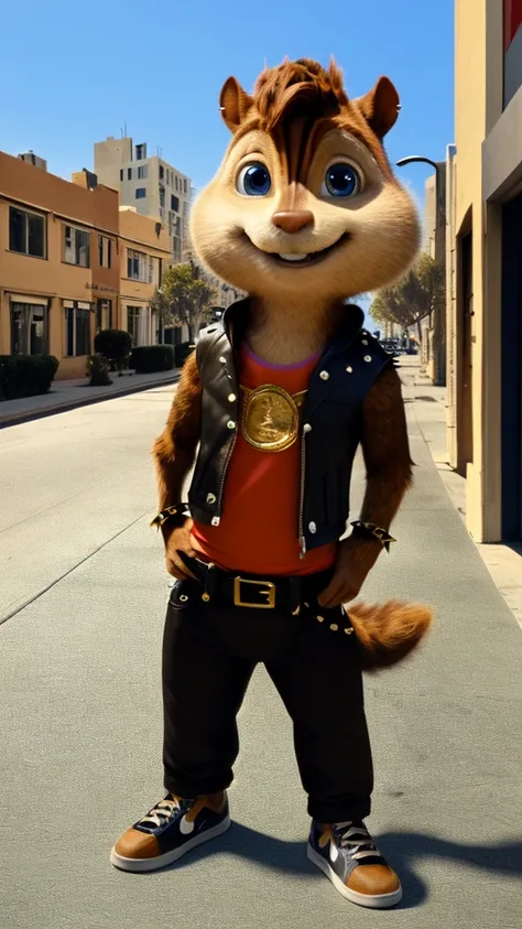 Score_9, score_8_up, score_7_up, source_furry, Alvin Seville, chipmunk, chipmunk male, furry male, furry, 3d, render, movie screencap, blue eyes, cute happy smile, gold chain necklace, red tank top, black leather vest, black belt with gold buckle, black le...