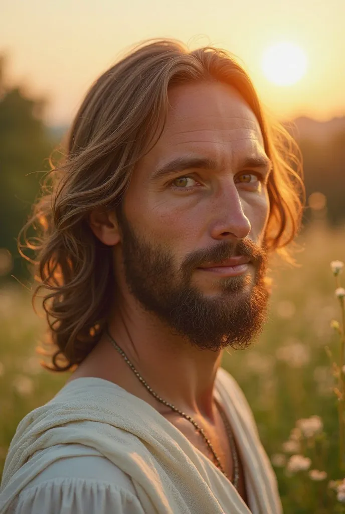 Jesus Cristo em close-up, looking directly at the camera with a welcoming look full of wisdom. Her expression conveys peace and comfort, and her white tunic reflects the golden light of dusk.  He is in a verdant field , with soft trees in the background an...