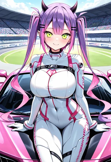 (highest quality , 8k , masterpiece , incredibly absurdres , perfect body , super detailed skin , highly detailed eyes and face , 1 woman ) , tokoyami towa , purple Hair , Green eyes , smile ,  will be happy , ( rider suit , race circuit , car : 1.2 ) , ( ...