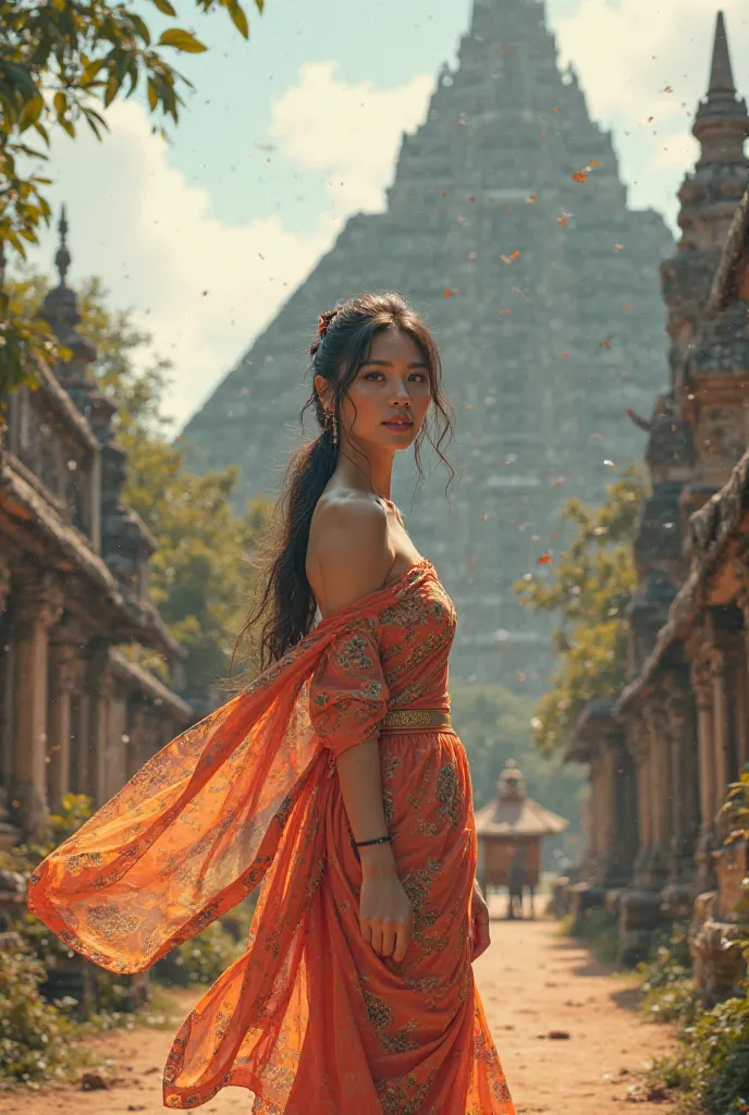 Beautiful woman wearing Thai dress standing in front of the pyramid with a melon-tied carriage