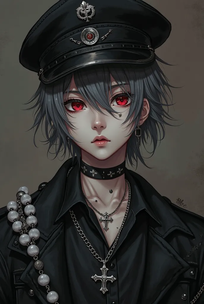 Boy 21 years old black hair with gray lights and a black sideways military hat, He wears a black jacket, black shirt with a gothic silver cross necklace, on his right arm under his shoulder he has a white rosary with a black cross, He has vampire fangs on ...