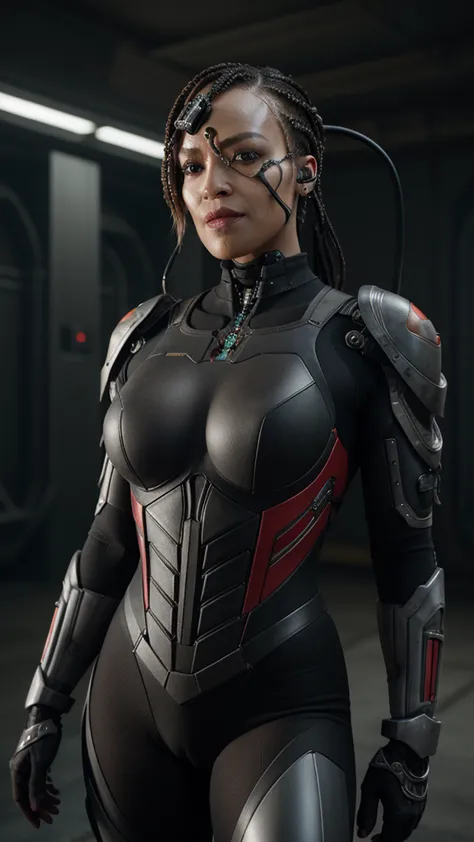 (best quality:1.2), tawny_newsome , ((full sexy body showing)), correct anatomy, correct eyes, detailed face, pretty face, zero expressions, spacesuit, cyborg, (correct drawn face)++, (black and red two-toned hair)+, half-red half-black retro wavy hairstyl...