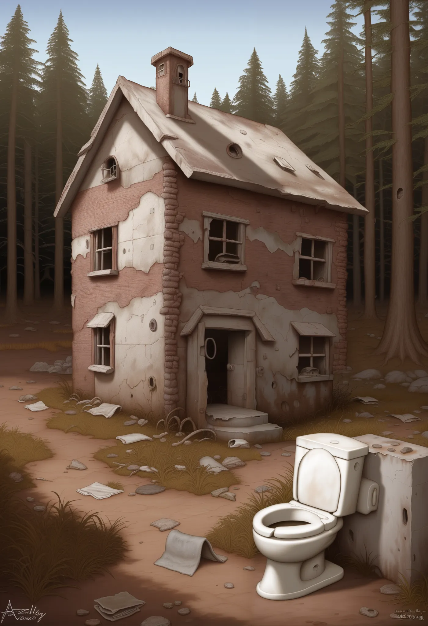 score_9, outdoors, concrete house, shabby, messy, old abandoned, public toilet house, dark atmosphere, dark exterior, in the deep forest, tree, grasses, 