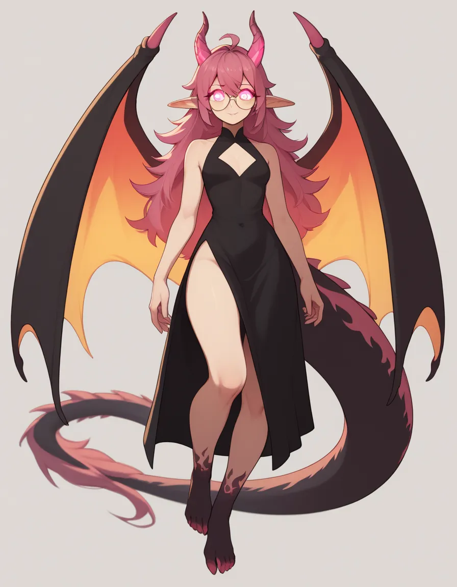 Full rein Dragon women huge wings and huge tail full body dragon.(flat breasts), magenta hair, neon pink eys, glowing eyes, pink horns, black split leg maxi dress, glowing horns, four horns, human ears, flaming eyes, neon pink flames, round glasses, hidden...