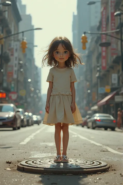 Barefoot girl standing on a manhole cover