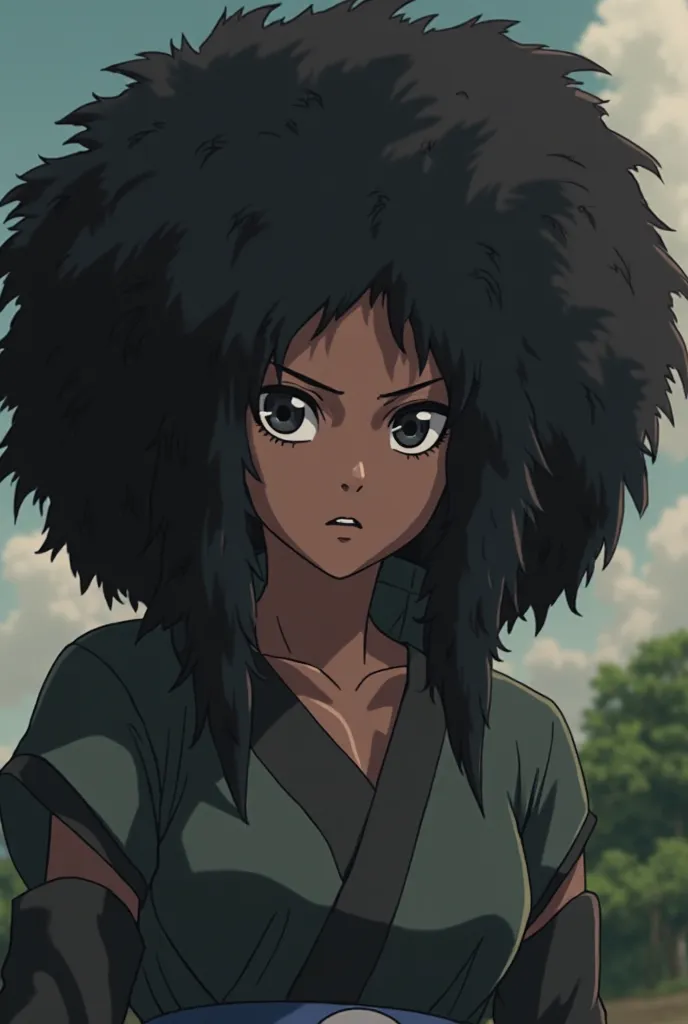 Black female character from Naruto Shippuden, dark skin, long afro black hair, black eyes, screenshoot, screencap, anime, Pierrot Co., Ltd naruto shippuden style