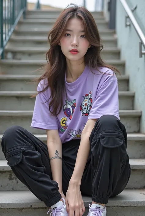  Make me a picture of a Korean woman ,  pretty face natural smooth and cute white skin , wearing hijab,wearing a fashionable and trendy style purple jacket lined t-shirt with assorted stickers on his jacket,  wearing black jogging pants with many pockets ,...