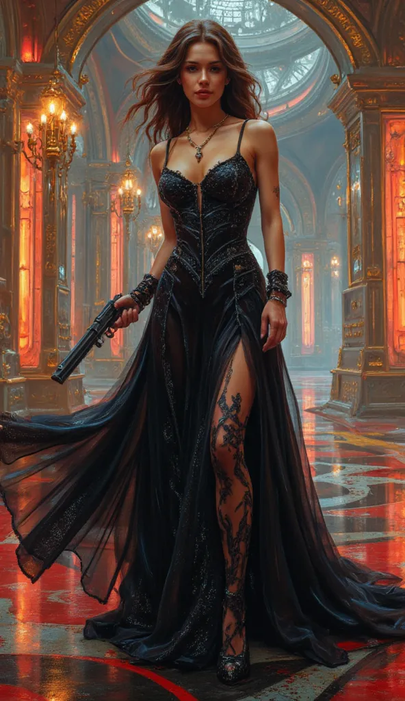 Full body in a ballroom gown, unique beauty, on a space station, a villain against James Bond, weapon in hand, action pose with weapon, watercolor or oil painting poster pin-up art nouveau style Drew Struzan movie poster style pinup poster, action movie ((...