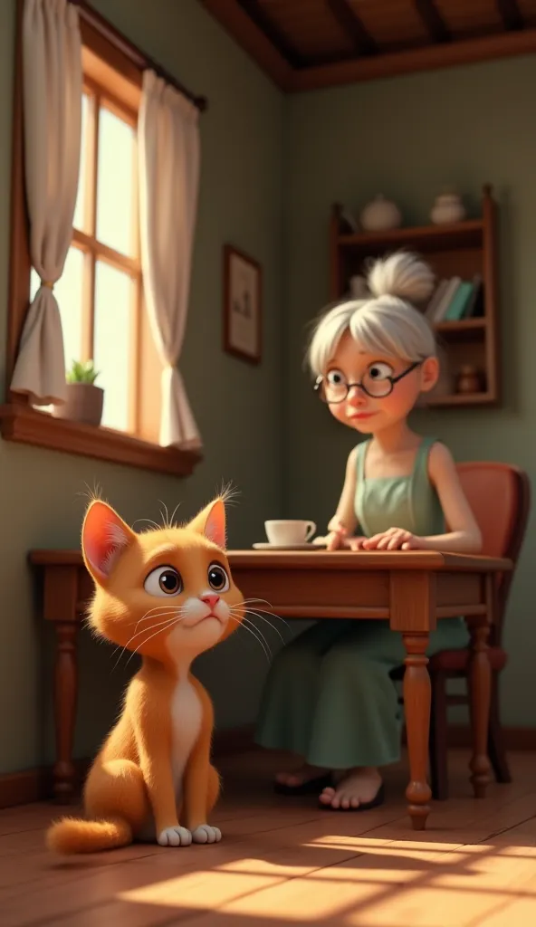 A Pixar-style 3D scene of a small, light brown, furry kitten with big, expressive eyes looking through a window into a cozy but humble house. Inside, an older woman with white hair tied back in a bun and wearing simple but clean clothes is sitting at a woo...