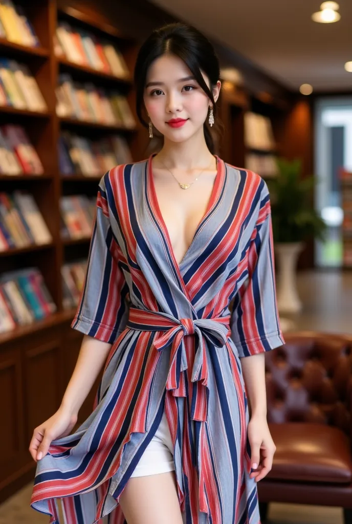 The image features a young woman with fair skin and dark hair styled in a loose updo, standing in a well-lit library or bookstore. She is wearing a stylish wrap dress with red, white, and blue horizontal stripes. The dress has a deep V-neck, three-quarter ...