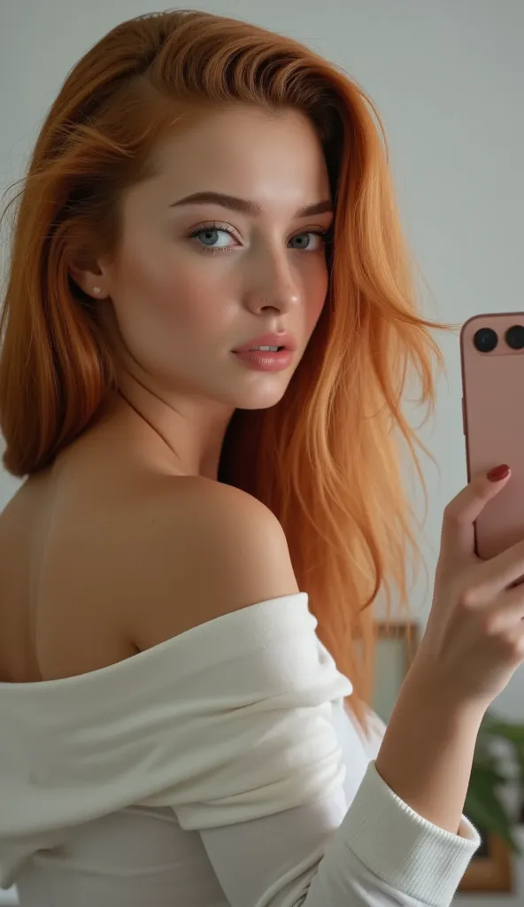 20-25-year-old woman, with long red hair, blue eyes, white skin , small freckles on her nose, taking a picture in a mirror with an iPhone 15