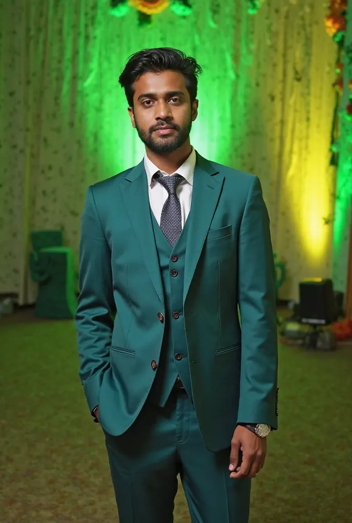 A young man, likely in his late s or early twenties, of South Asian ethnicity, is standing. He is wearing a teal-colored three-piece suit, with a patterned tie. The suit appears well-fitted.  His expression is neutral and his facial features are clear. He ...