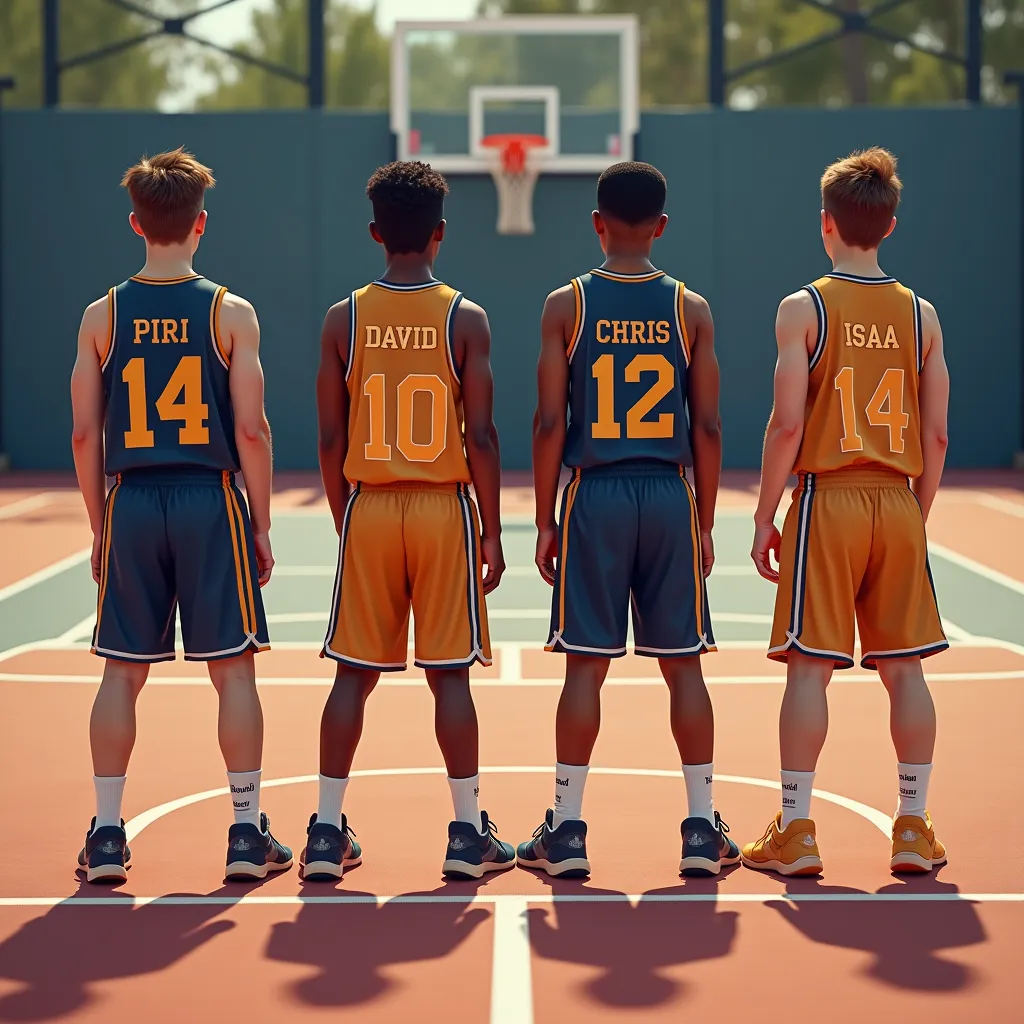 Backwards basketball team photo, that the t-shirts are seen and that they say "Piri", "David", "Chris", "isaac" Since that's the name of the players