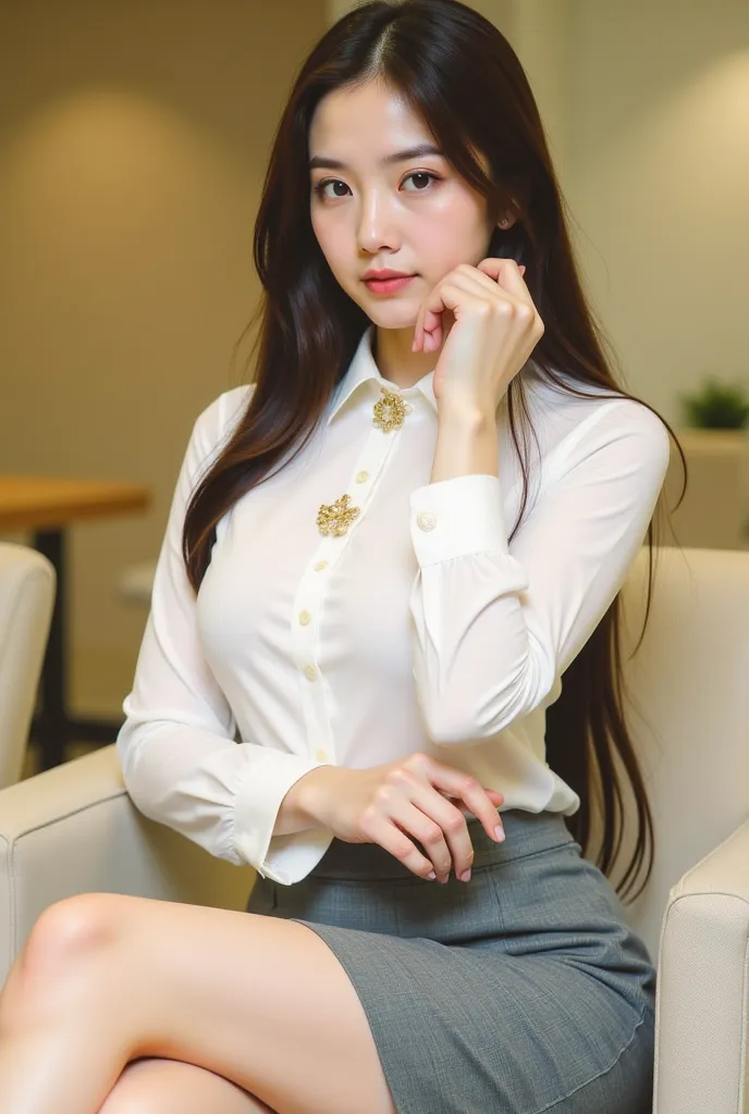 a young woman seated on a light-colored chair in an indoor setting, likely an office or lounge. She has long, dark hair styled neatly, and her expression is poised and confident. She is dressed in a professional yet stylish outfit, consisting of a white bl...