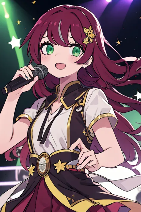 High Resolution, masterpiece, accurate, anatomically correct, many awards, 最高quality, Details, high image quality model, 高いDetails, quality, 高quality, 

「with long maroon hair wrapped loosely、a girl with gentle green eyes。wears a sparkling idol-style stage...