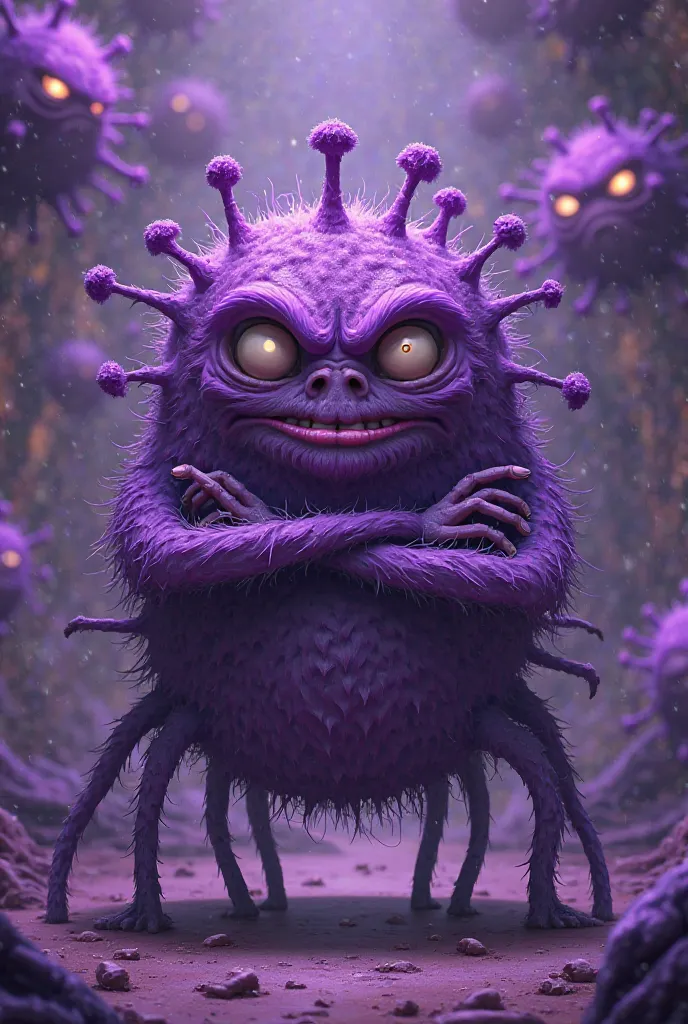 cartoon, Purple virus,  hairy, With 5 eyes of displeasure, 6 legs and with arms crossed 