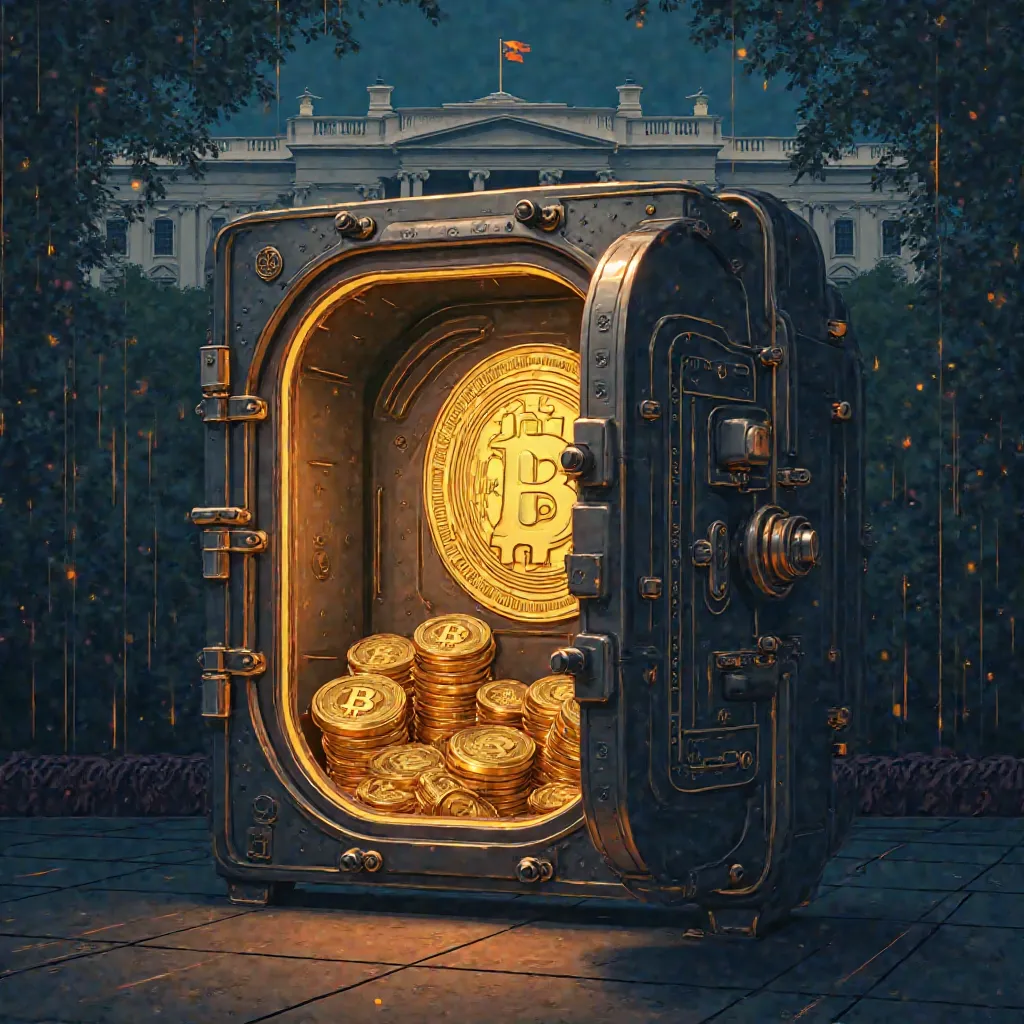 Prompt: A dramatic and futuristic illustration of a high-security vault labeled "U.S. Bitcoin Reserve," glowing with a golden hue. Inside the vault, stacks of Bitcoin coins, Ethereum, XRP, Solana, and Cardano symbols are displayed, representing the strateg...