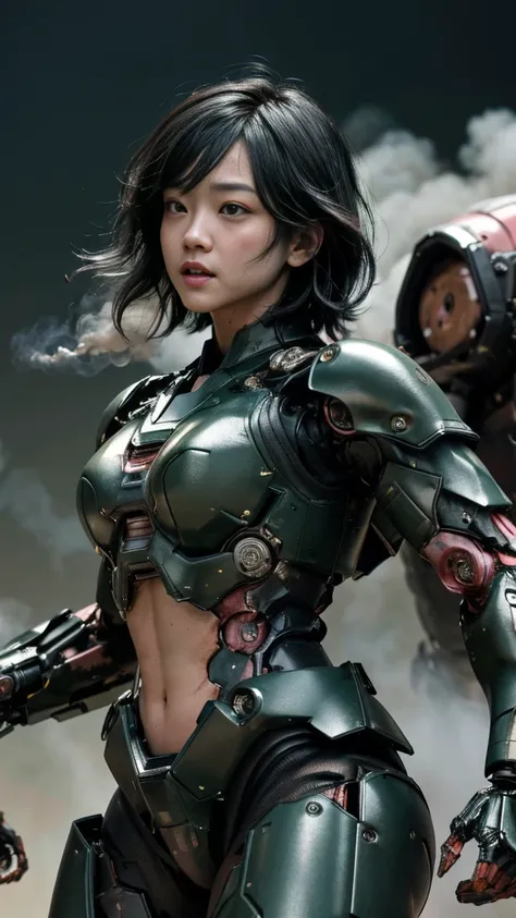 , 非常に detailsな,  details,   high image quality , 最  high image quality ,  High Resolution, 1080P 、  smoke coming out of the wound   　  green armor  、    Steam Coming Out   、 cute((全身のSerious damage))(  injured woman in robot suit looking up and blushing .....