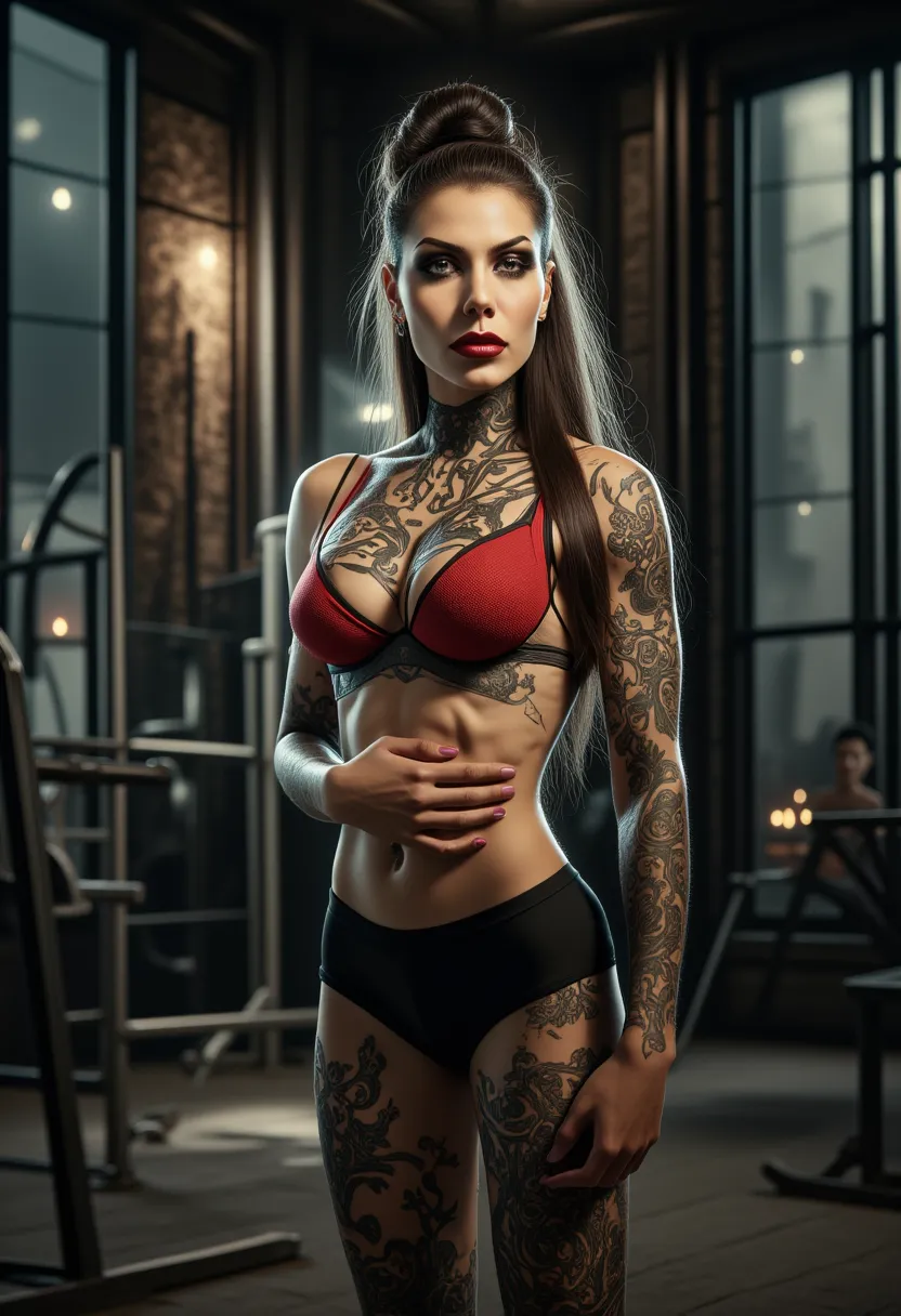 Great female athlete with a huge frayed abdomen at the gym and a tattoo on her belly and arms