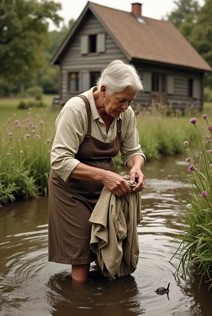 Photo noir et blanc jaunit par le temps d une vieille grand mère qui lave du linge au  ruisseau  photo réaliste corps entier decor  jardin et maison du 19 Eme siècle 