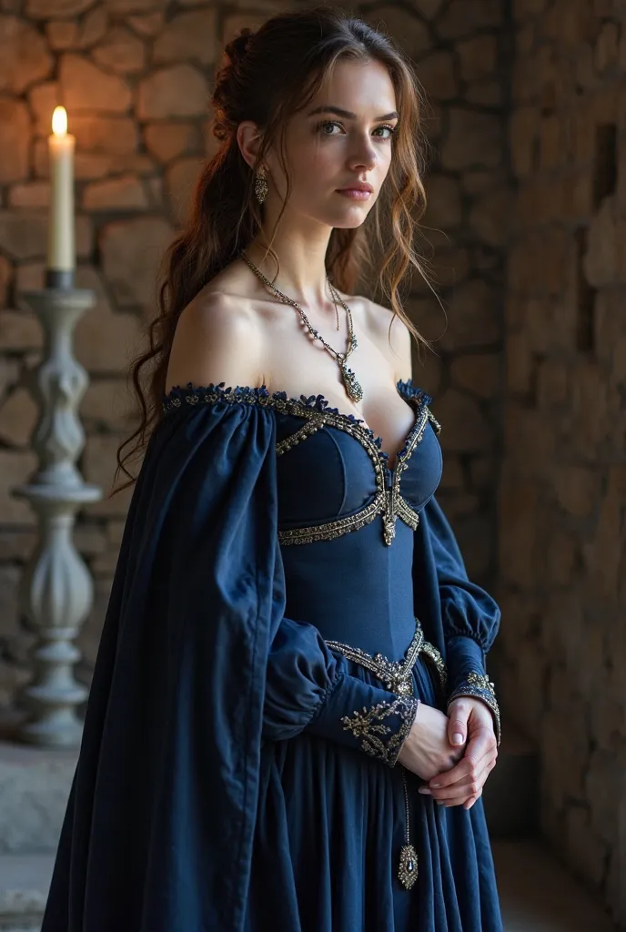 Create an image of a fantasy (Game of thrones style) dress that is a dark blue, that clings to the body. The bodice is cut low, revealing the firm swell of breasts, and the silk did little to hide the peaks of nipples when the firelight caught her just so.