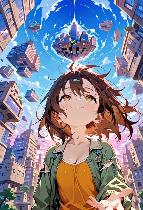 Nsfw, 1girl, solo, loli, dog girl,
, long hair, messy hair , cleavage, floating hair, cardigan under jacket, microskirt, 
bomber torn jacket, 
happy, thought bubble, (Floating City:1.6), 

looking up Floating City, 
reaching to sky, 
summer, blue sky, 
upp...