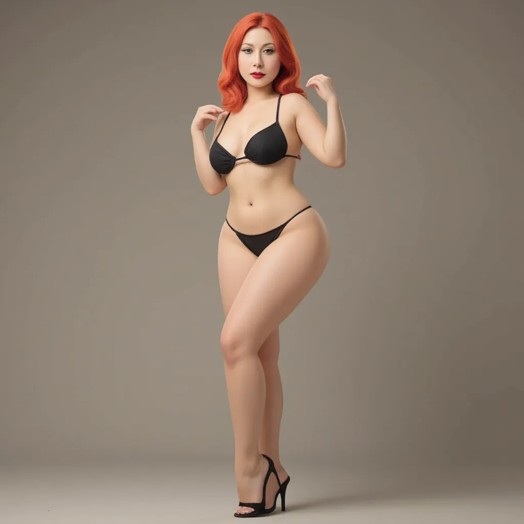 Full body shot, beautiful female, large full natural breasts, curvy thick body, long red hair, high heel shoes, sling bikini, sexy Supergirl outfit, Lois Griffin