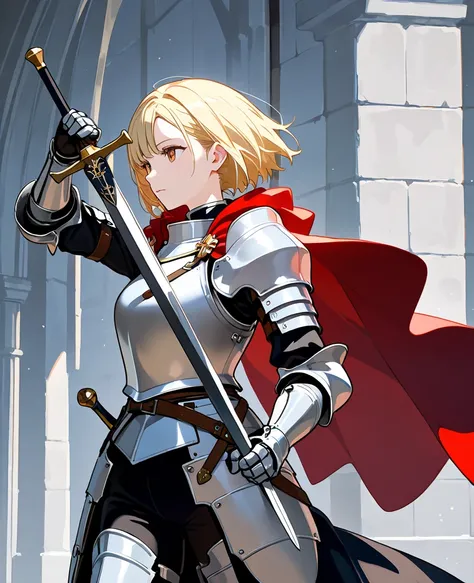 Girl, light skin, blonde hair, knight, carrying sword, wearing armour and red cape