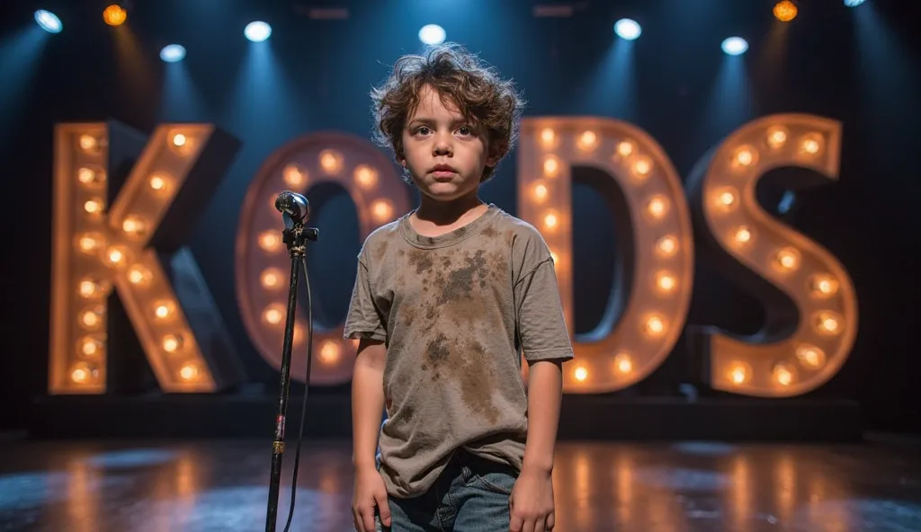 The image shows a young boy standing on a stage, holding a microphone, and seemingly performing. He is wearing an old, dirty T-shirt, and his appearance is messy, as if he has just been through a difficult journey. Behind him, there are large illuminated l...