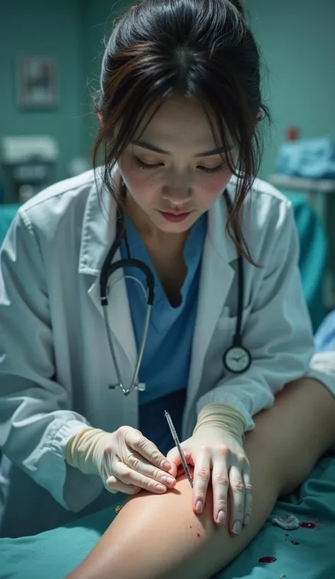 A dramatic hospital scene where a female doctor finally removes a stuck needle from a patient’s forearm. She looks relieved yet shocked, while the patient shows signs of pain. A small drop of blood is visible on the skin, adding realism to the intense mome...