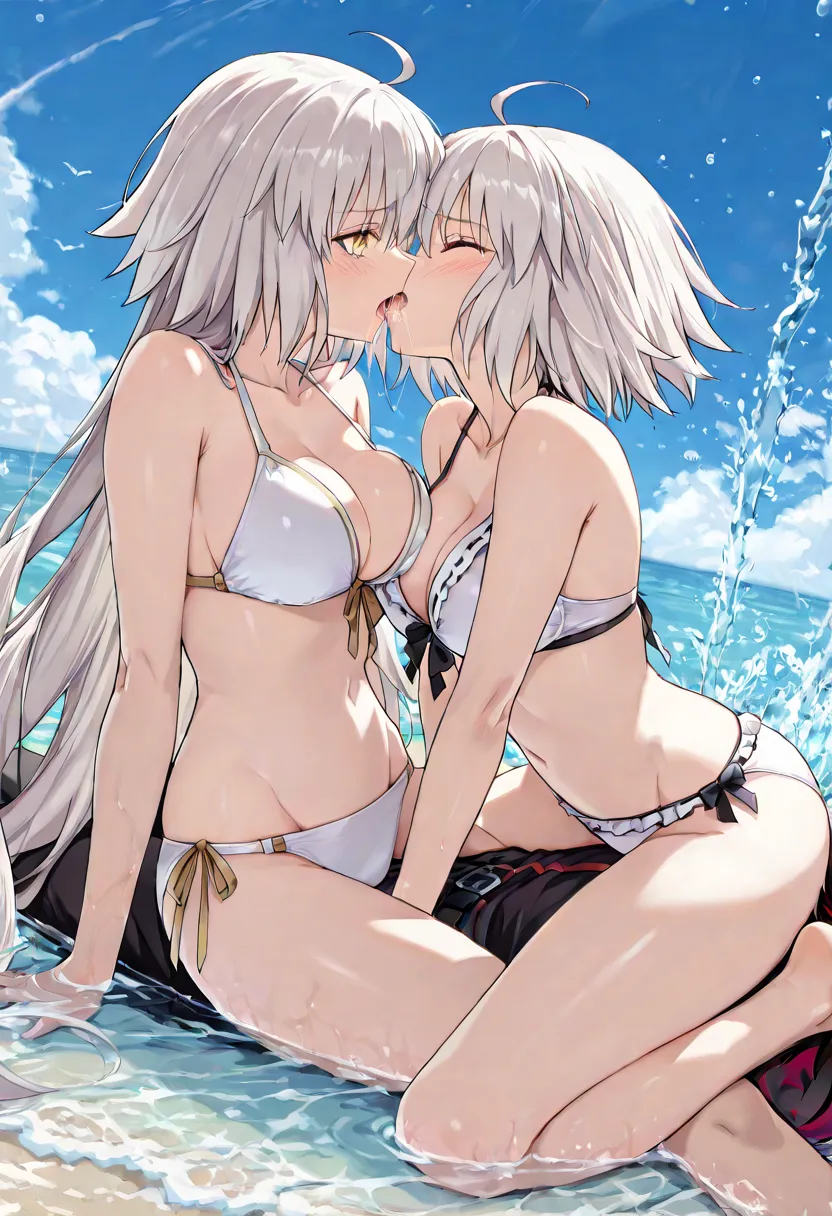 wholebody, score_9, score_8_up, score_7_up, source_anime, jalter, Jeanne D'Arc Alter ,white hair, yellow eyes, ahoge,break,((white bikini,groin,sitting on man's body,toe in the water,in the sea)),(best quality), (high quality), {masterpiece}, extremely del...