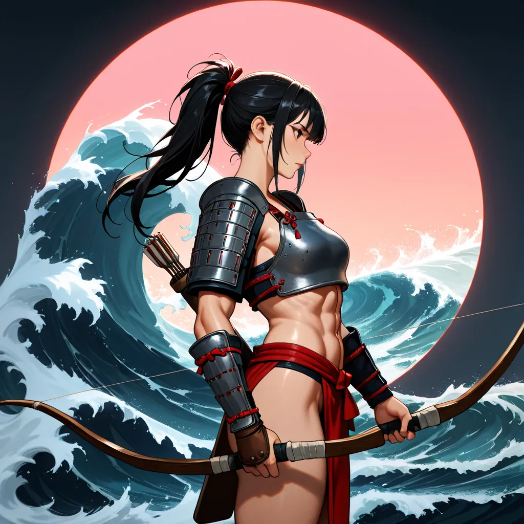 very awa, masterpiece, best quality, newest, highres, absurdres, Japanese style, comic art, 1 girl, attractive young woman, Holding a weapon, Armor, Bow \(Weapon\), Arrow \(Projectile\), side view, black hair in ponytail, red loincloth, toned body, medium ...