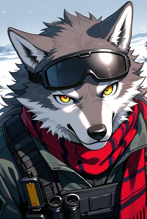 A wolf with tactical lenses and a red striped scarf