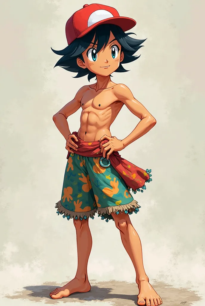 young boy Ash Ketchum cap colorful skirt shirtless feet