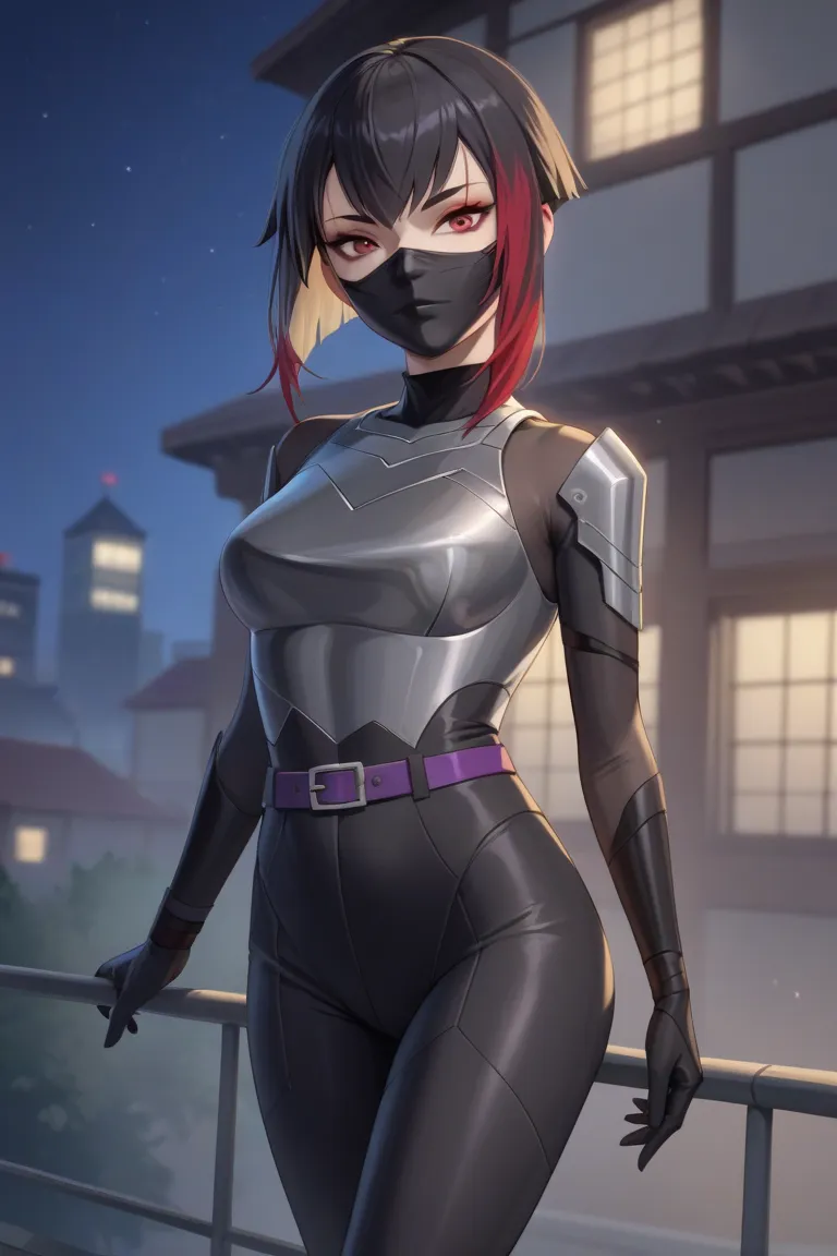 1 girl, high,  thin, curvilinear figure, short black hair, dyed blonde on the back, red eyes, painted black and red marks on the eyebrows, black ninja suit , light armor on the chest, shoulders, forearms, thighs and calves, with a purple belt, black mask o...