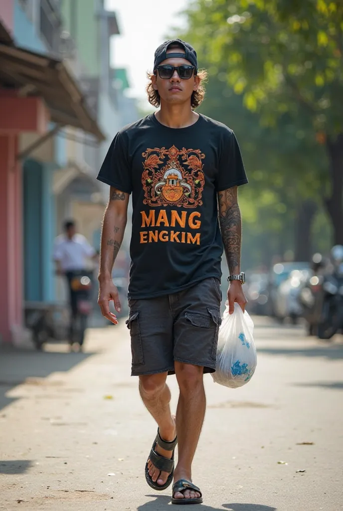  a young Indonesian man aged 35 wearing sandals shorts sunglasses wearing a peci muslim hat semi long hair hands tattooed t-shirt with the words Mang Engkim and a standard body and a plastic bag walking on the sidewalk looking realistic 