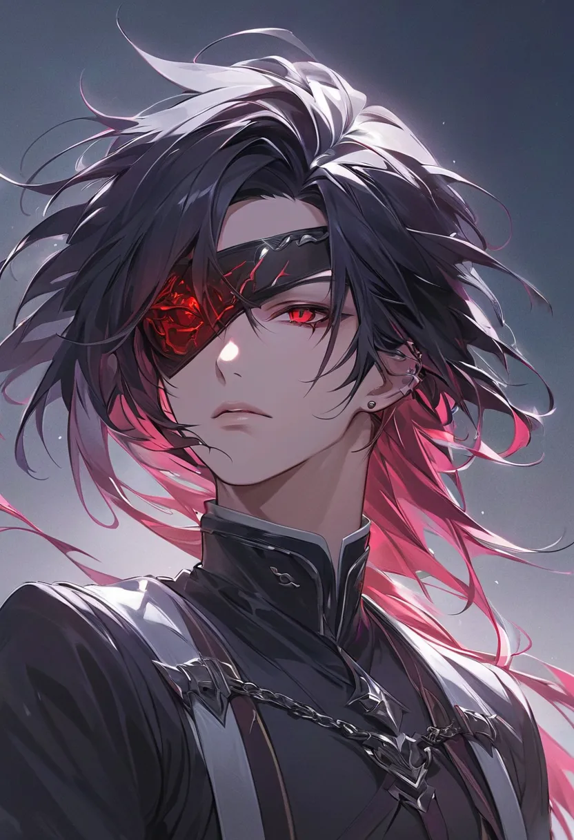 A highly detailed, ultra-HD anime-style illustration of a male bounty hunter character. His hair is depicted with silky highlights and vivid texture, each strand flowing intricately and realistically. black hair is a deep silver with subtle dark undertones...