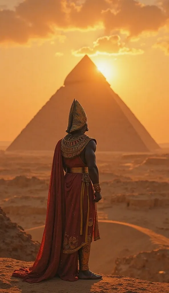 A hyper-realistic and detailed image depicting Pharaoh Cheops, ou Khufu, contemplating his greatest achievement: The Great Pyramid of Giza.  he's standing, with an imposing posture and wearing royal costumes, observing the pyramid in the distance at sunset...