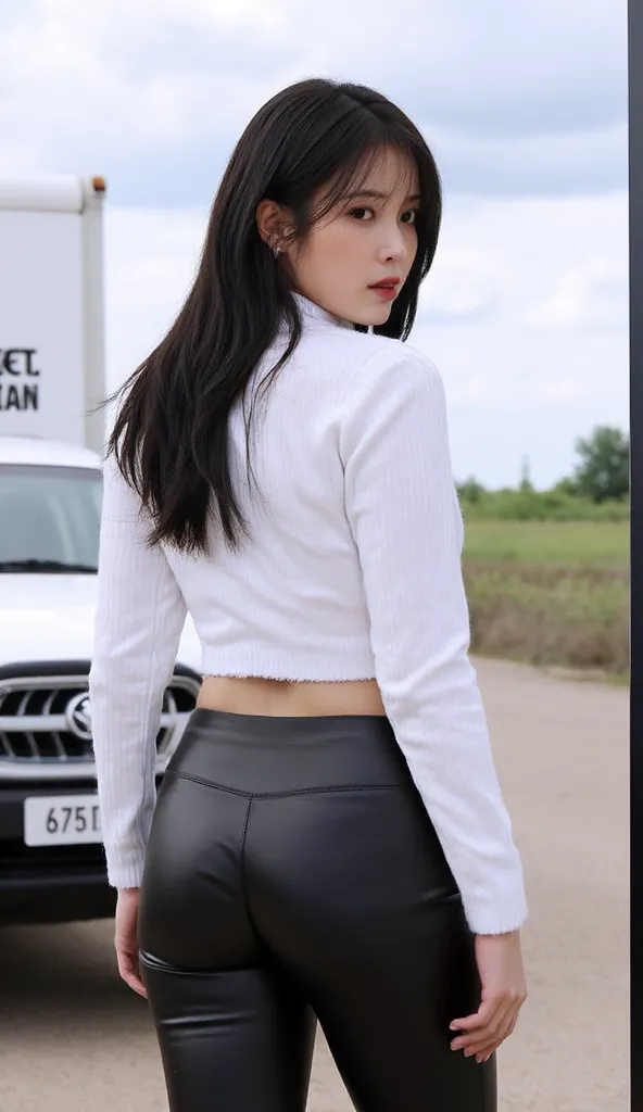 1girl, solo, long hair, leather pants draw her figure perfectly, tight shirt, black hair, white shirt, outdoors, sky, day, cloud, letterboxed, ground vehicle, picture taken from the side, side profile picture and she's still looking at the camera, hot clot...