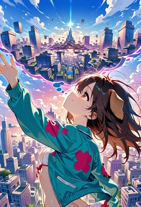 Nsfw, 1girl, solo, loli, dog girl,
, long hair, messy hair , cleavage, floating hair, cardigan under jacket, microskirt, 
bomber torn jacket, 
happy, thought bubble, (Floating City:1.6), 

looking up Floating City, 
reaching to sky, 
summer, blue sky, 
upp...