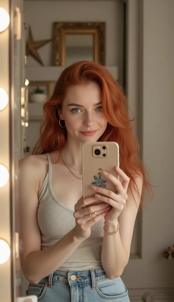  Woman((  20-25 years old )), ((1.79)) with red hair ((1.50)) long, blue eyes, white skin , small freckles on her nose, taking a picture in a mirror (( vintage frame)) with small lights around, Beige lighting, with an iPhone 15 , makeup bench shows 