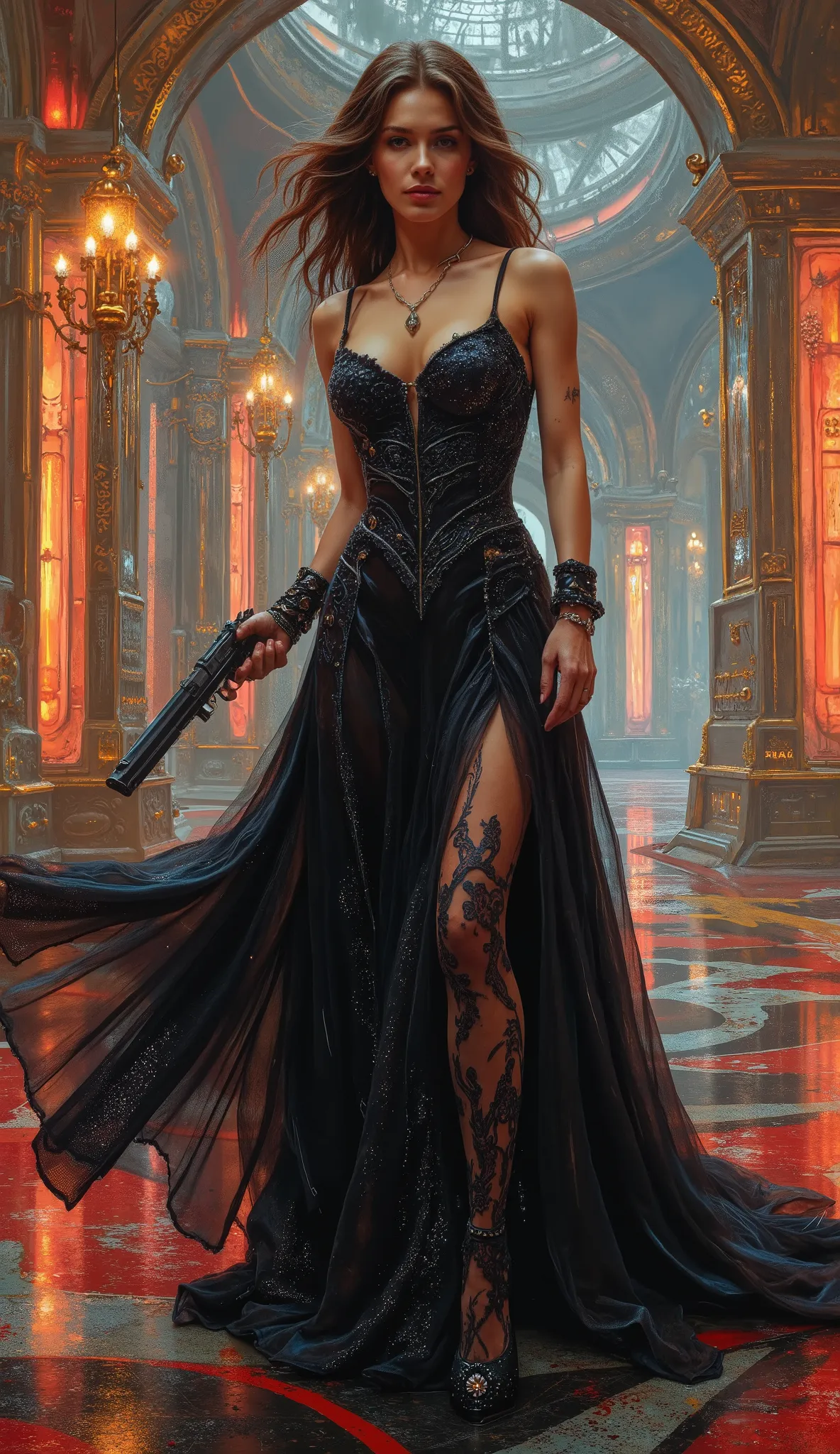 Full body in a ballroom gown, unique beauty, on a space station, a villain against James Bond, weapon in hand, action pose with weapon, watercolor or oil painting poster pin-up art nouveau style Drew Struzan movie poster style pinup poster, action movie ((...