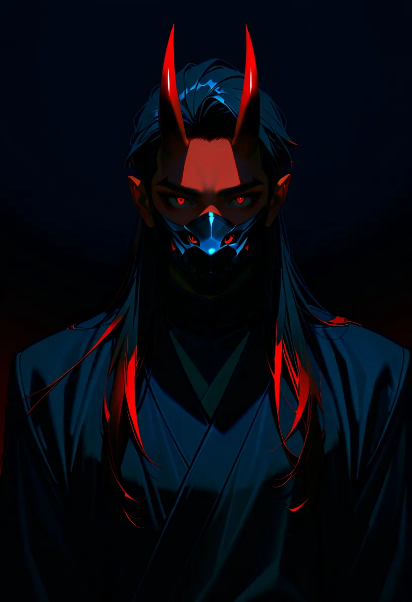 1 male, black hair with red highlights, red eyes, short red oni horns with dark red tips, wearing a black canine mask covering his mouth, good looking, wearing black clothes.